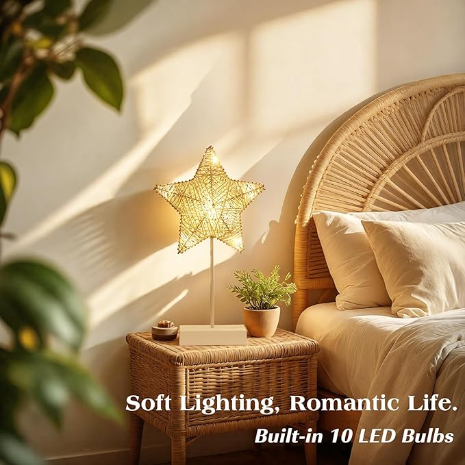 Lewondr Decorative Table Lamp, Christmas Star Night Lamp Winding Cotton Thread Warm LED Light Lamp for Bedroom, Battery Operated Lamp for Tables Cordless Xmas Home Romantic Bedside Table Lamp, White