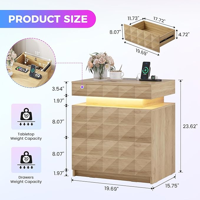 LED Nightstand with Charging Station,3 Drawers Night Stand with Lockable Hidden Storage,Smart Bedside Table with Human Sensor RGB Lights for Bedroom,Wood