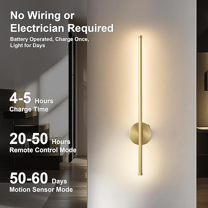 Motion Sensor Battery Operated Wall Sconce Set of Two - Modern Rechargeable Wireless Wall Lights with Remote Control, Dimmable, 3000K/4000K/6000K, Timer for Living Room, Hallway,23.6 Inch, Brass