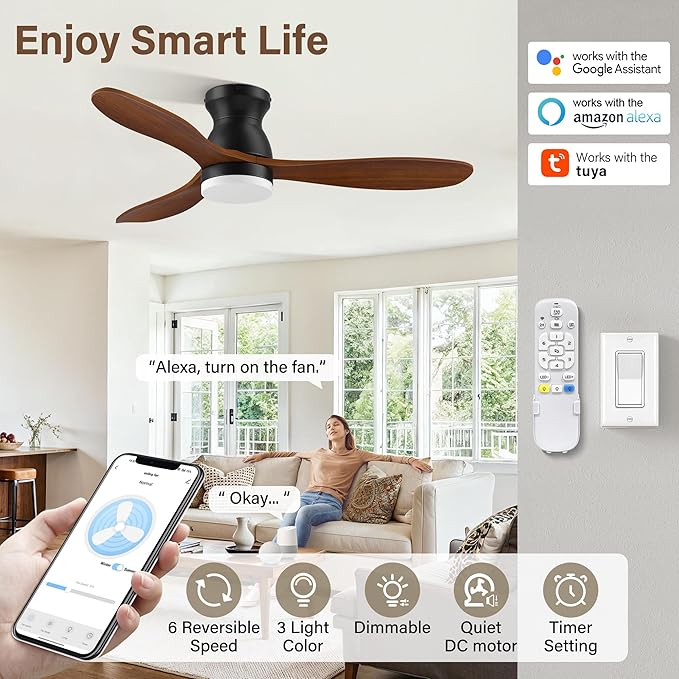 42 Inch Smart Ceiling Fans with Lights and Remote/Alexa,APP Control,Wood Flush Mount Hugger Ceiling Fan with Quiet DC Motor,Dimmable,Outdoor Indoor Low Profile Fan for Bedroom,Living Room,Patio,Porch