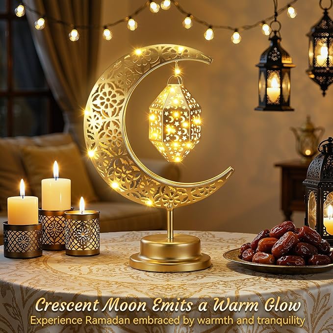 Lewondr Ramadan Moon Lamp, Crescent Moon with Ramadan Lantern, Battery Powered Gold Desk Lamp Decorations Crescent Table Light Bedside Night Stand Desktop Living Room Home Decor, Eid Mubarak Decor