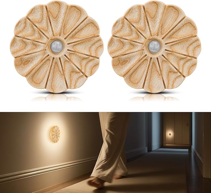 Motion Sensor Night Light Wooden Carved Flower Mini USB Rechargeable Stick-On Step Lights Magnetic Wall Lights for Hallway Bedroom Living Room Stair (2 Pack Ash Wood)