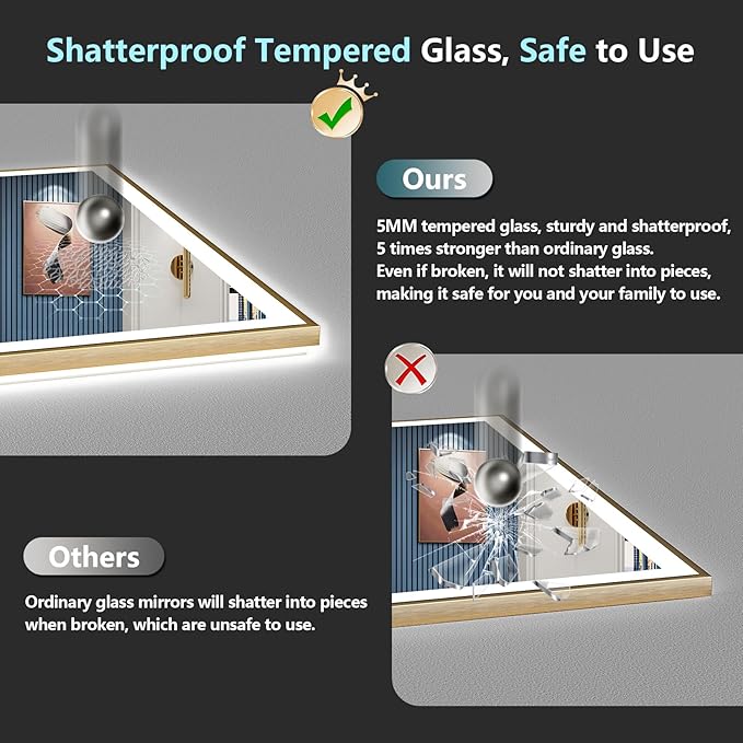 66x36 Gold LED Bathroom Mirror with Lights, Brushed Gold Framed Backlit and Front Lit Anti-Fog Lighted Vanity Mirrors for Bathroom Wall, Dimmable, 3 Colors, Memory, HD Tempered Glass, CRI＞90