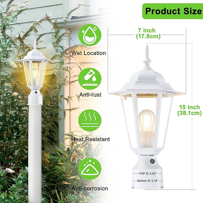 Dusk to Dawn Outdoor Post Light, Pole Lantern, Waterproof Die-Cast Aluminum Pole Light Fixture with Glass, Exterior Post Lamp for Garden Yard Patio Pathway, Matte White, 2-Pack