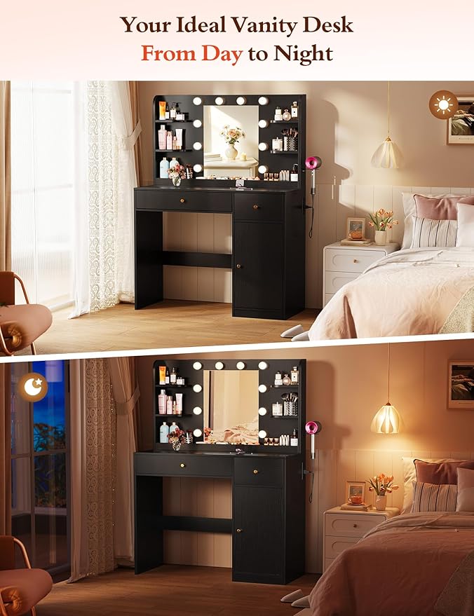 Vanity Desk with Mirror and Lights, 35" Makeup Vanity with 2 Drawers, Storage Cabinet, 8 Open Shelves, 3 Lighting Modes Adjustable Brightness, Power Outlet, Dressing Table for Bedroom, Black