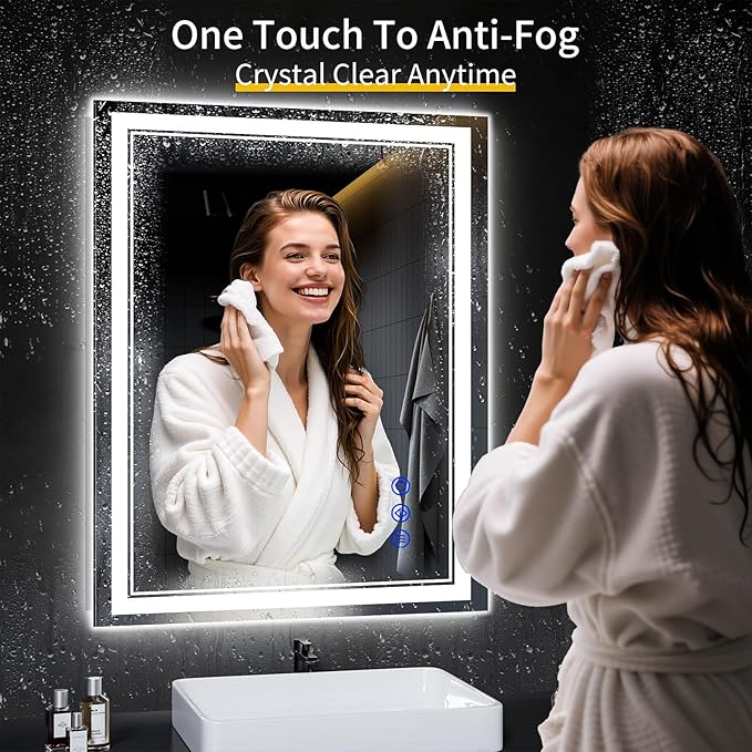 38"x30" LED Bathroom Mirror with Anti-Fog, Stepless Dimmable Lights, 3 Color Modes, Shatter-Proof Tempered Glass,Waterproof Design