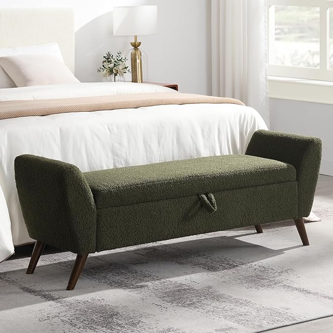 60'' Modern Upholstered Storage Ottoman Bench with Mid-Century Wood Legs, Entryway Bench with Hidden Storage for Living Room, Bedroom, and End of Bed, Comfort Padded Seat (B-Green)