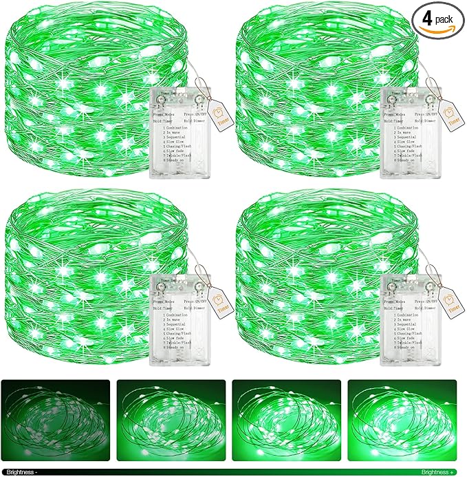 btfarm 4 Pack St Patrick’s Day Green Fairy Lights Battery Operated with Timer, 16FT 50 LED Silver Wire Twinkle String Lights 8 Modes Dimmable Waterproof for Christmas Bedroom Party Decorations, Green
