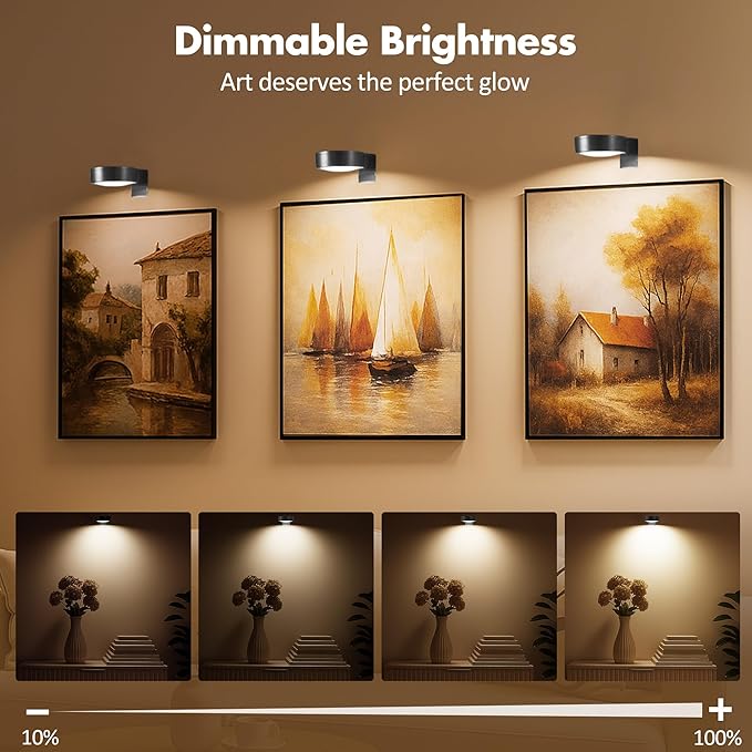 6Pcs Picture Lights for Wall Battery Operated, Magnetic Led Painting Light with Remote Dimmable and Timer, 3 Lighting Modes Art Display Light for Picture Frame, Wireless Wall Decor Puck Lights, Black