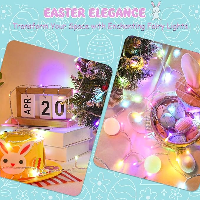 Easter String Lights Battery Operated, Pastel Easter Lights with Timer 9.8ft 30LED Transparent Wire Fairy Lights for Easter Decorations Garland Outdoor Indoor Party 2 Packs