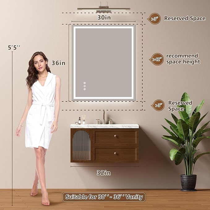 30x36 Inch LED Lighted Bathroom Mirror - Anti-Fog Vanity Mirror with Dimmable Front & Backlit, 3 Color Temp, Smart Memory - Shatterproof HD Glass, IP54 Waterproof Wall Mounted for Makeup Shaving