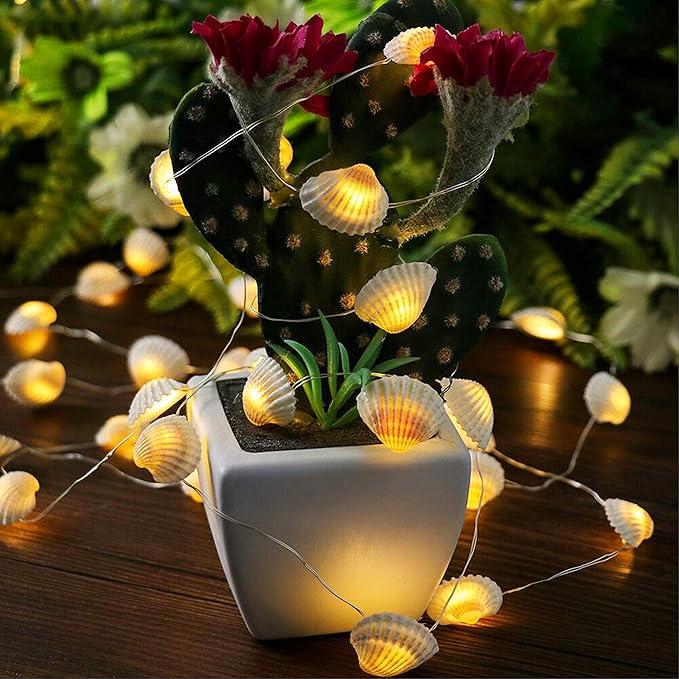 Decorman Natural Seashell String Lights 13.2ft 40 LED 8 Modes Warm White Weatherproof Battery Operated Ocean Theme Lights for Bedrooms Parties Weddings Gardens with Remote and Timer (Natural Shell)