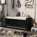 GDFStudio Rustic Storage Bench with 4 Doors 2 Draws Adjustable Shelves Removable Cushion Rectangular Cabinet Foot Rest Stool Solid Wood Shoe Bench Seating for Entryway Living Room, Black