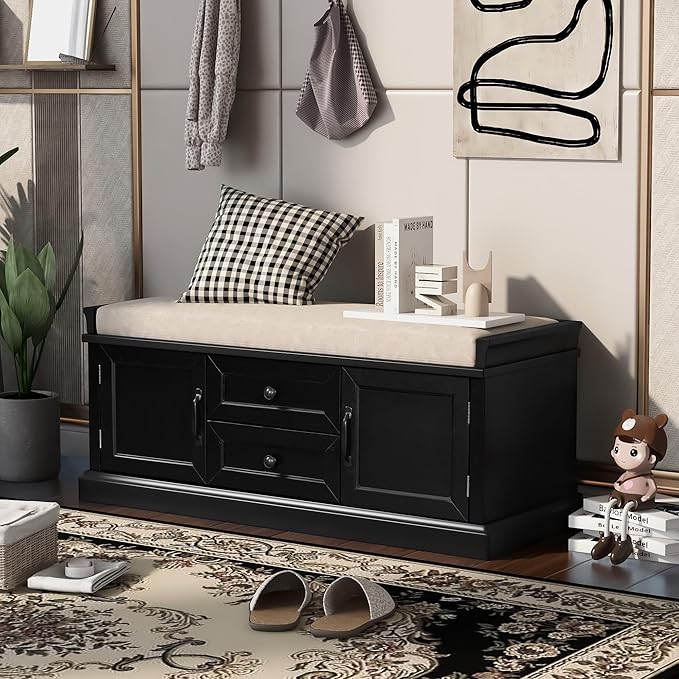 GDFStudio Rustic Storage Bench with 4 Doors 2 Draws Adjustable Shelves Removable Cushion Rectangular Cabinet Foot Rest Stool Solid Wood Shoe Bench Seating for Entryway Living Room, Black