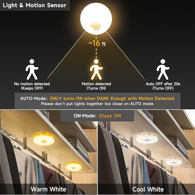 Improved LED Rechargeable Motion Sensor Light Indoor, Bright & Long-Lasting Battery, Stick-On Motion Sensor Puck Night Lights for Closet, Cabinet, Kitchen, Hallway, Stairs - Cool 4Pack
