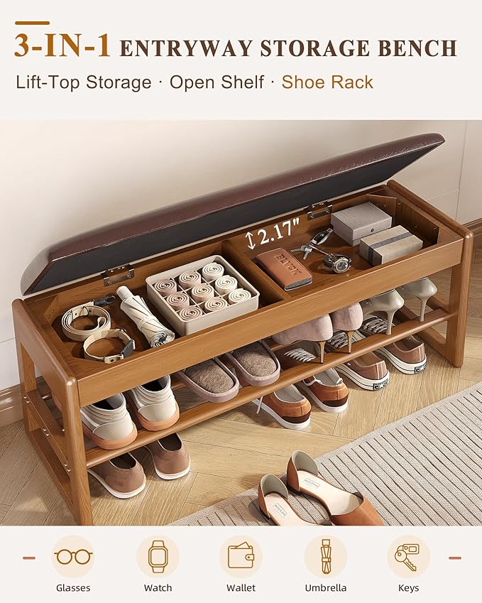 Shoe Rack Bench with Hidden Storage, 2-Tier Solid Rubberwood Entryway Bench with Soft Leather Cushioned Seat & Flip-Top Storage, 330lbs Capacity, Wooden Shoe Organizer for Hallway, Closet, Foyer