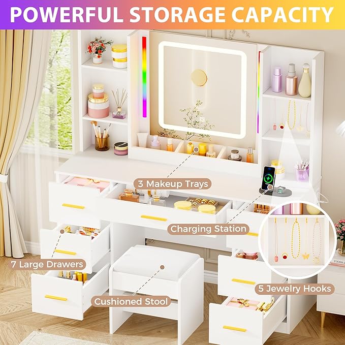 ANWBROAD Makeup Vanity Desk with Mirror and Lights 3 Colors Large Vanity Table with 7 Drawers & RGB Lights White Makeup Table with Charging Station 6 Storage Shelves Stool for Bedroom Women UBDT96W