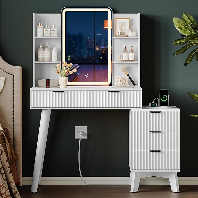 Vanity Desk With HD Lighted Mirror and Lights, Fluted Small Makeup Vanity with Storage Drawers & Shelves, Modern Dressing Table Set with Power Outlet & Glass Table Top for Women Girls Bedroom, White