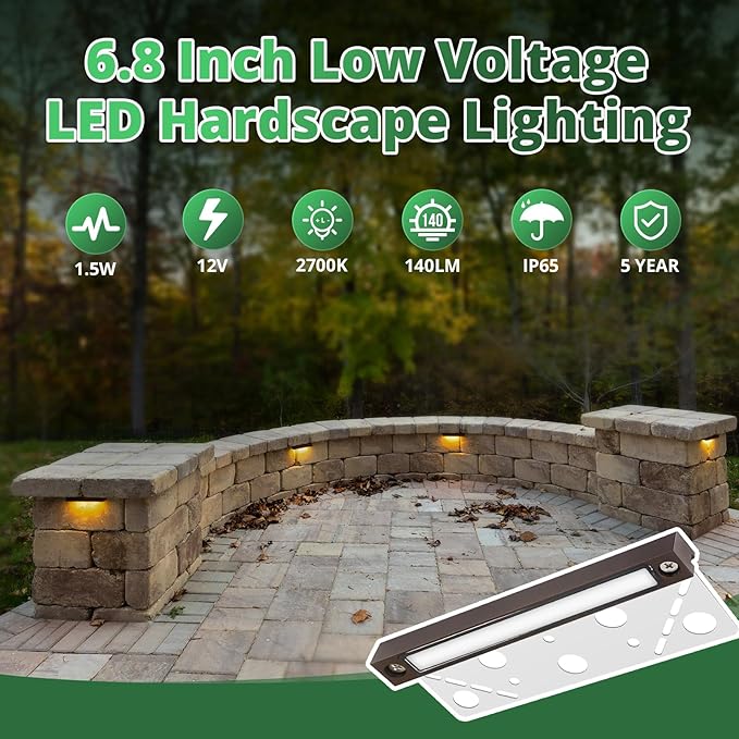 GKOLED 20Pack 6.8 Inches Hardscape Lights, Low Voltage Retaining Wall Lighting with Frosted Lens, 12V AC/DC Paver Light with 1.5W 2700K LED Chips, Outdoor Landscape Step Lights, Die-cast Aluminum