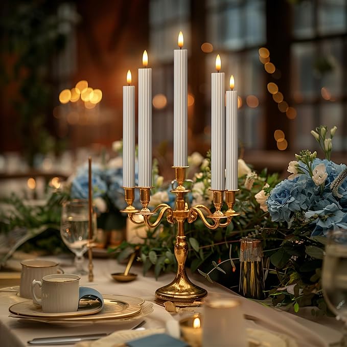 12 Pack, 10" LED Flameless Cream Beige Fluted Ribbed Grooved Taper Candles, Remote & 24h Timer Memory, On/Off Button, Dimmable, Flicker Mode, Battery Operated, Christmas Menorah Wedding