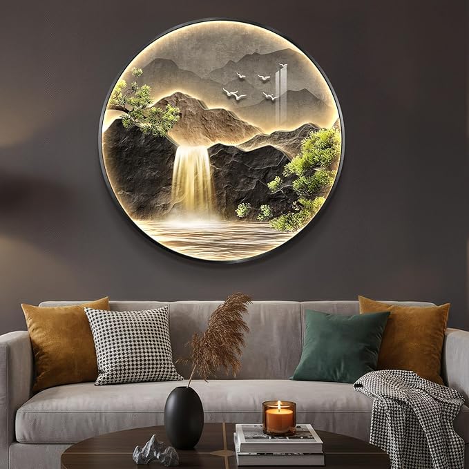 Troartos LED Mountain Waterfall Wall Art for Living Room, Framed Modern Lighted Landscape Artwork for Walls, Remote Control Lamp Green Nature Wall Decor for Bedroom, Hallway, Office, 30x30 Inch