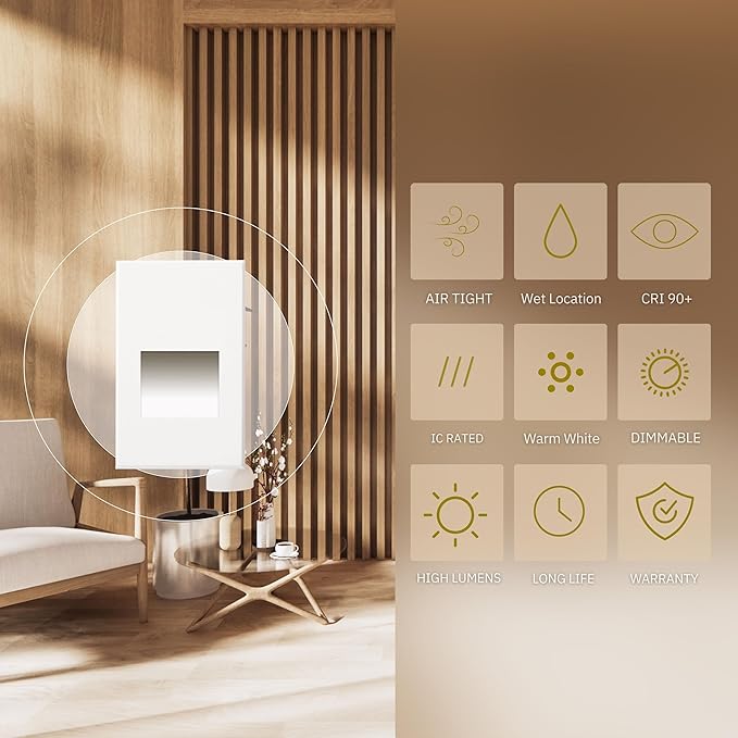 3W LED Vertical Step Lights, White Finish, 120V Dimmable LED Stair Lights Indoor and Outdoor, 125 Lumens, CRI 90+, IP-65 IC Rated, ETL Listed, Warm White 3000k