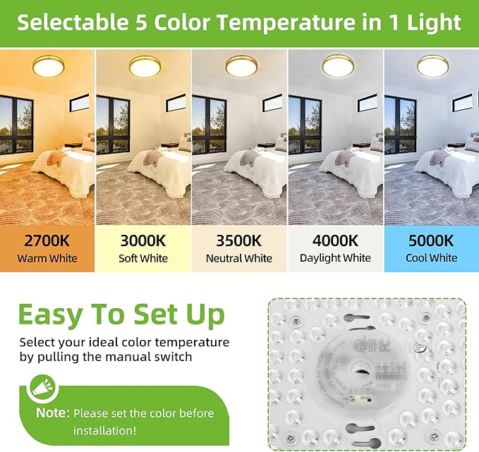 hykolity 16 inch Dimmable LED Flush Mount Ceiling Light Fixture, Gold, 36W, 2200LM, 2.7/3/3.5/4K/5K Adjustbale, 120°Light Angle, CRI80, Ceiling Lamp for Bedroom, Kitchen, Office, ETL Listed