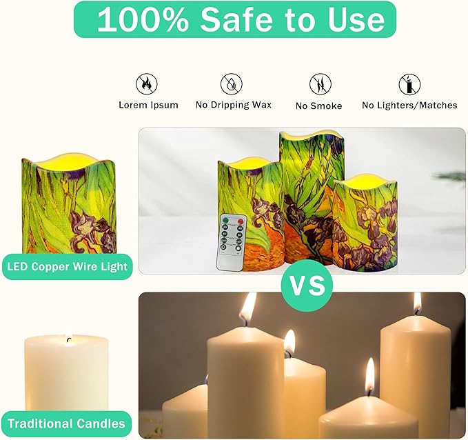 Floral Flameless LED Pillar Candles, 3pcs Van Gogh Irises Battery Operated Flickering Candles with Timer Remote,Decorative Flickering LED Candles for Wedding Mother's Day Home Decor