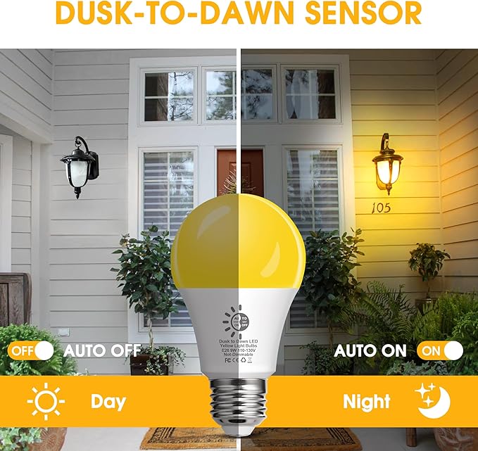 Flaspar Dusk to Dawn LED Yellow Bug Light Bulbs Outdoor 60W Equivalent, Amber Yellow Bug Light Bulb for Outside, Auto On/Off 9W 2000K A19 LED Bug Photocell Sensor Lights for Patio, Porch, 2 Pack