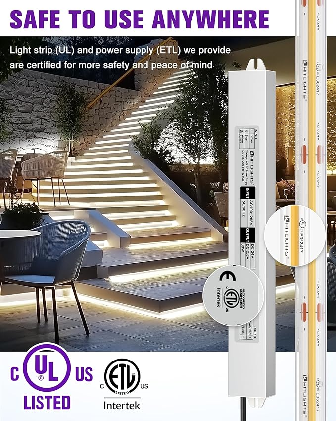 Outdoor COB LED Strip Lights Kit Waterproof White 4000K, 24V Tape Light with Power Supply, IP67, 2560 LEDs, 305 lm/ft, CRI 90+, UL Listed, Premium Lighting for Bathroom, Backyard, Garden, 16.4ft