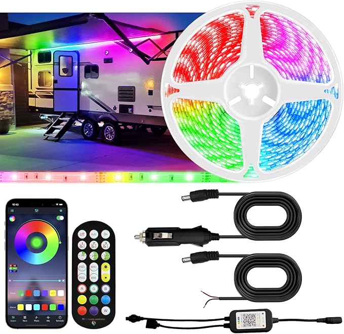 16.4FT RV Awning Lights, 12V Camper LED Light Strip with Remote and APP Control, Waterproof RV Exterior Strip Lights for Canopy Motorhome Travel Trailer Camping BBQ Kitchen (1PC-16.4FT New)