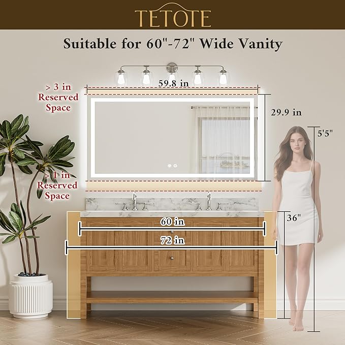 TETOTE 60 x 30 LED Lighted Bathroom Mirror with Lights, Brighter Front and Backlit Light up Mirror for Bathroom Vanity Wall, 3-Color Dimmable Illuminated Antifog Mirror, Waterproof, Tempered Glass