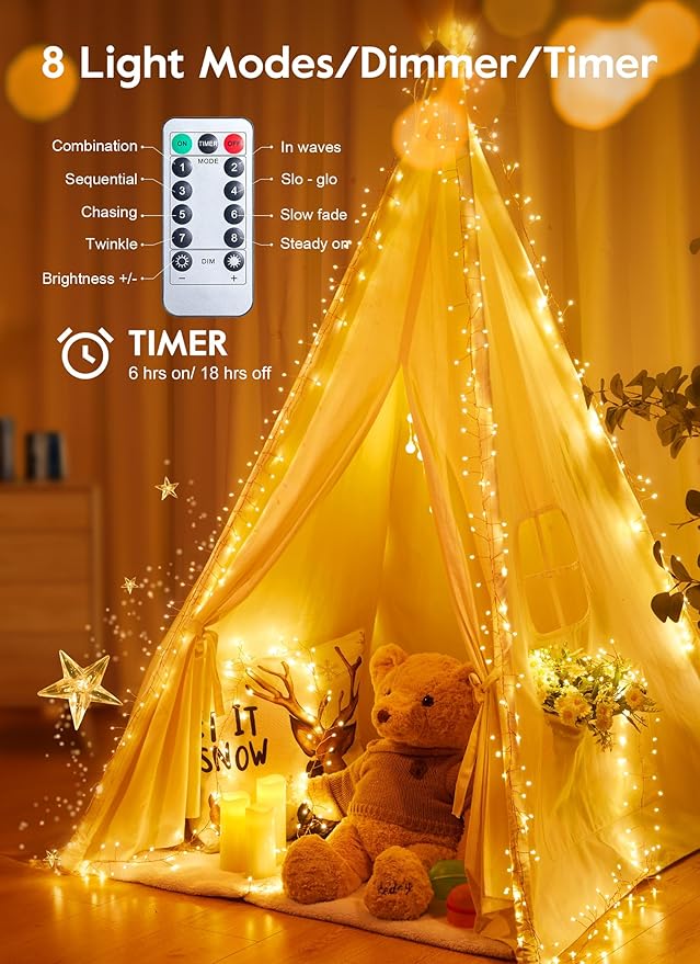 USB Operated Fairy Christmas Lights, 10FT 120LEDs Twinkle Cluster Light with 8 Modes & Remote, Silver Wire Firecracker String Lights for Garland, Room, Bedroom, DIY, Wedding Christmas Tree Decoration