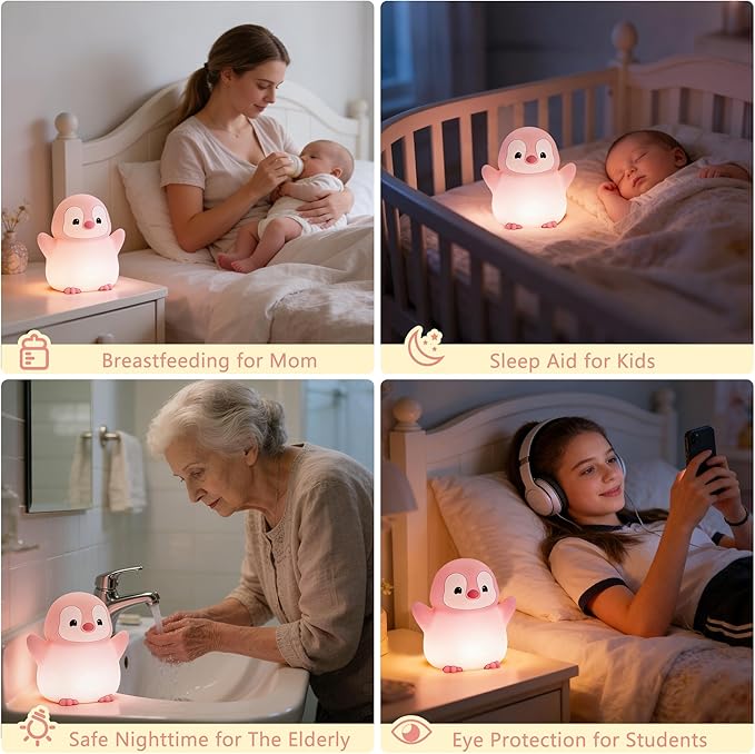 Penguin Night Light for Kids,Cute Pink Penguin Lamp,Soft Silicone Nursery Nightlight,LED Squishy Novelty Animal Bedside Lamp,Rechargeable/Dimmable/Timer,Room Deco,Christmas Gifts for Mom Girls Baby