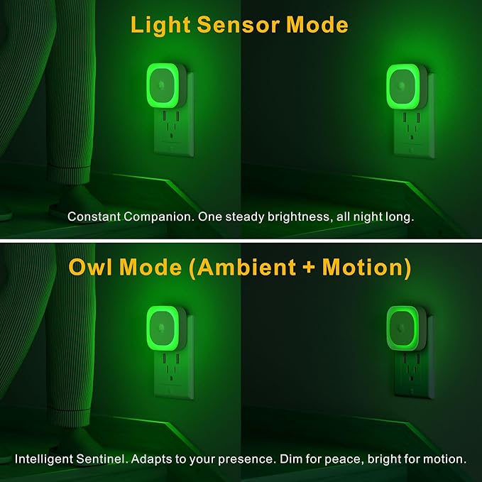 2 Pack Plug in Night Light with Motion Sensor & Dusk to Dawn Sensor, 3 Sensor Modes, Auto ON/Off, Owl Mode for Steady Low Light, Dimmable, Calming Green LED for Home Office, Hallway, Bathroom