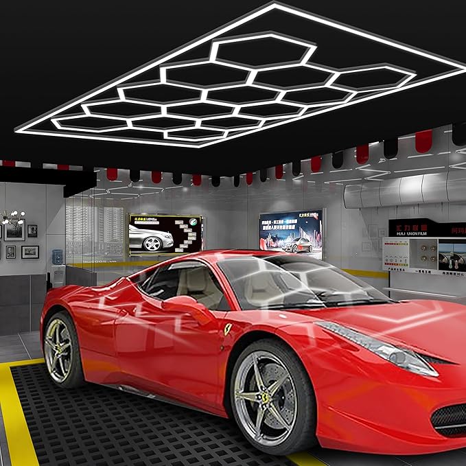 MODERN Hexagon LED Light: 14-Grid Honeycomb System with Border, 720W 86400LM 6500K Daylight for Garage, Car Detailing & Exhibition Hall Lighting