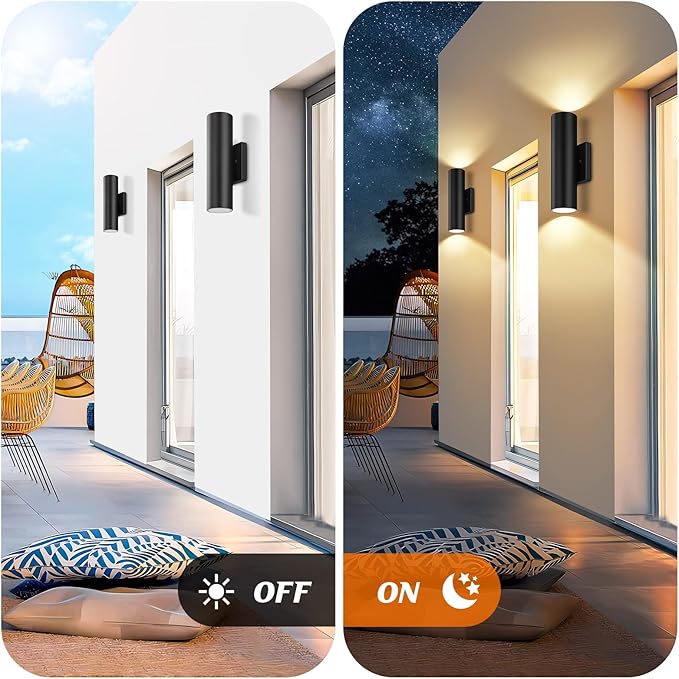 GoBright Outdoor Wall Lights, 12W 3000K Integrated LED Cylinder Up Down Lights, 1200LM Super Bright Waterproof Exterior Wall Sconce, 2-Pack Modern Black Outside Wall Lantern for Porch Patio Garage