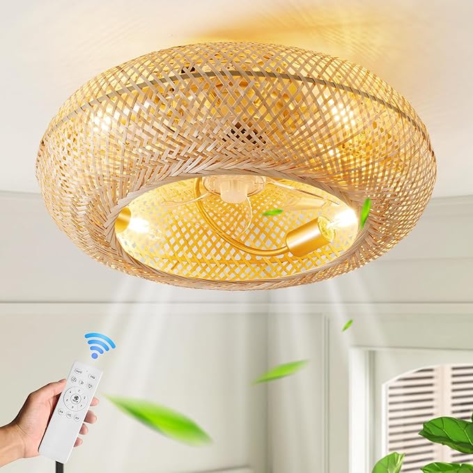 20" Boho Ceiling Fans with Lights,Rattan Caged Flush Mount Ceiling Fan with Light, Enclosed Timing 6 Speeds Reversible for Living Room Bedroom Dining Room