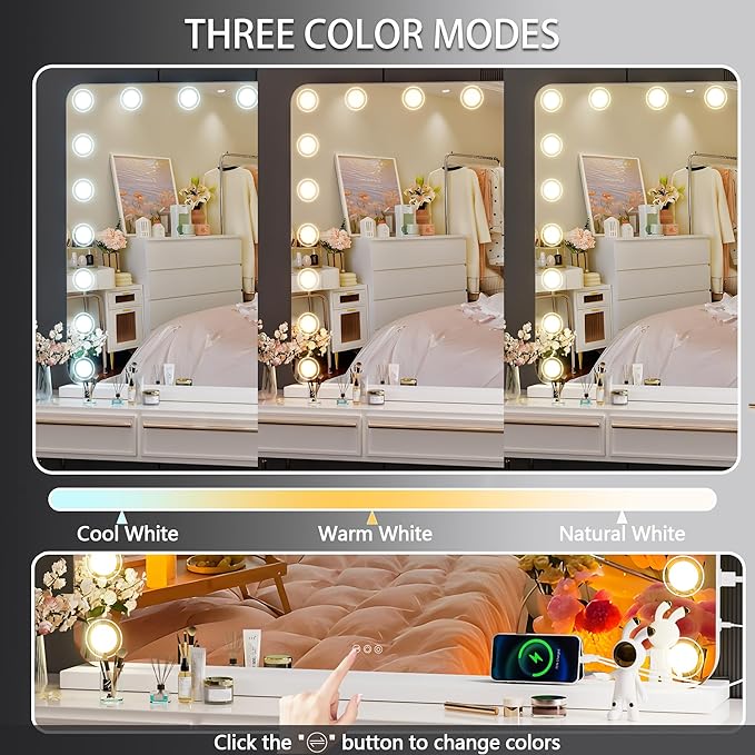 Hasipu Vanity Mirror with Lights, 40" x 32" Makeup Mirror, Light up Mirror with 19 Dimmable LED Lights and 10X Magnification, 3 Colors Modes, Touch Control, USB Charging Port, White (Round)