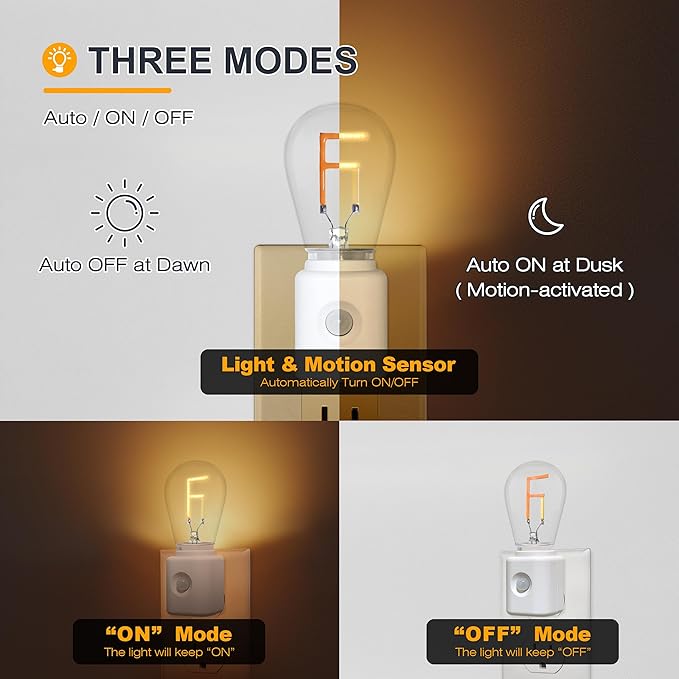 Plug in Motion Sensor Dimmable Night Light, F-Type 2200K Amber Warm LED Nightlight with Dusk to Dawn Motion Sensor, Adjustable Brightness for Bedroom, Bathroom, Kitchen, Hallway, Stairs, 1-Pack