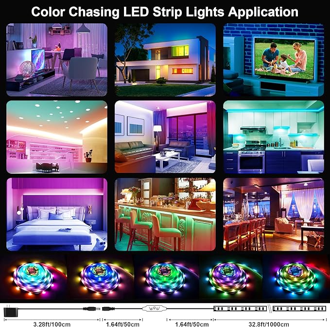 HOUHUI LED Strip Lights with Smart IC, 32.8Ft RGB IC LED Lights for Bedroom, App Control Color Changing Strip Light with Remote Music Sync for Home Game Room Kitchen Party Bar Indoor Lighting Decor