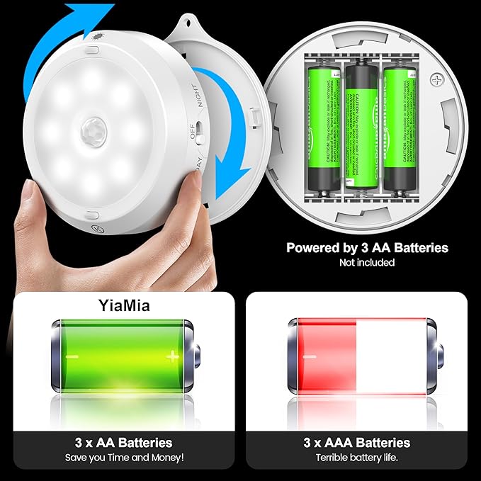 YiaMia Motion Sensor Night Light - 3 Pack, Smart Wireless Closet Lights, 3 Light Colors + Dimming, 3 × AA Battery Operated Indoor Stair Light Suitable for Kitchen, Wardrobe and Hallway
