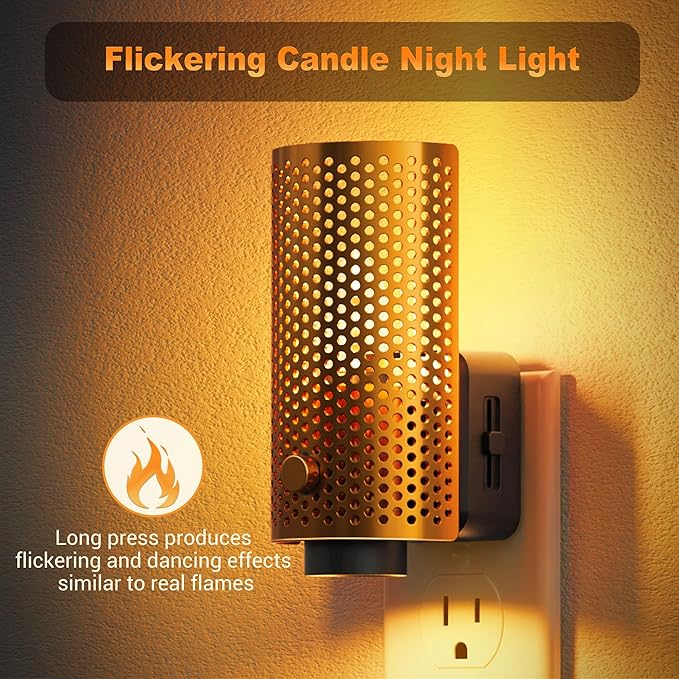 JandCase Night Lights Plug into Wall, Pretty Nightlight with Metal Shade, 3000K Warm White 0-100LM Adjustable Brightness, Flames Flickering Night Light for Bathroom Hallway Bedroom