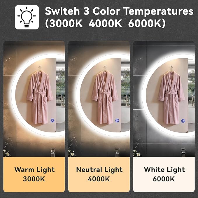 24“ x 24” LED Bathroom Smart Mirror, Round Mirror with Three Color Light Temperature Brightness Settings,Backlit + Front Lit,Wall-Mounted Vanity Mirror with Memory Function