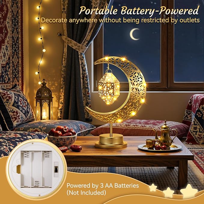 Lewondr Ramadan Moon Lamp, Crescent Moon with Ramadan Lantern, Battery Powered Gold Desk Lamp Decorations Crescent Table Light Bedside Night Stand Desktop Living Room Home Decor, Eid Mubarak Decor