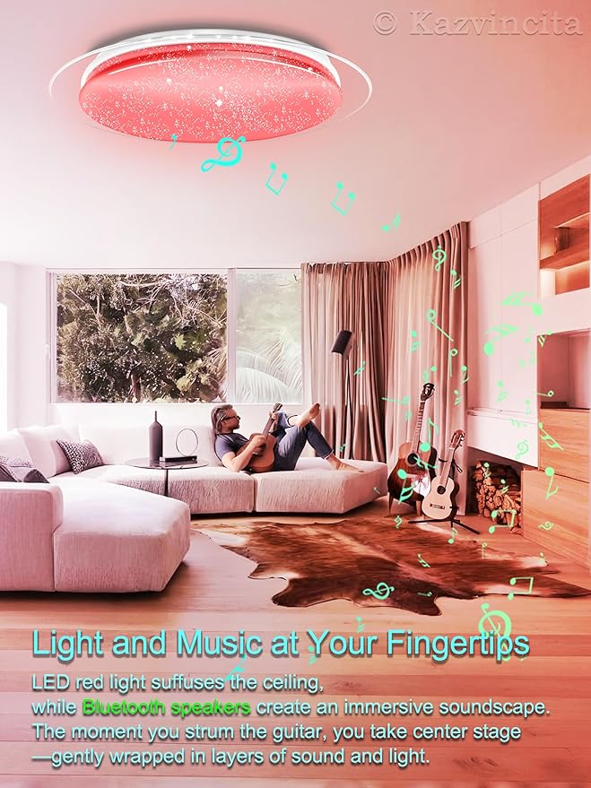 Dimmable Round LED Ceiling Light Flush Mount 15 Inch 40W Built-in Bluetooth Speaker Modern Lighting Fixtures RGB Ambient Ceiling Lamp Suitable for Bedrooms Kitchen Kids' Rooms and More