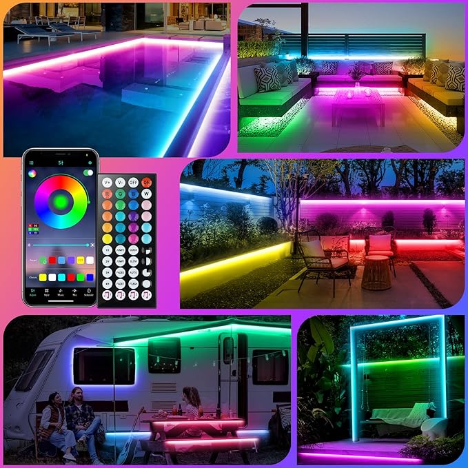 150Ft Outdoor LED Strip Lights,IP68 Waterproof Color Changing RGB LED Light Strips with IR Remote and APP,24V Music Sync Led Rope Lights,Flexible Outdoor DIY Tape Lights for Balcony Deck Garden-150ft