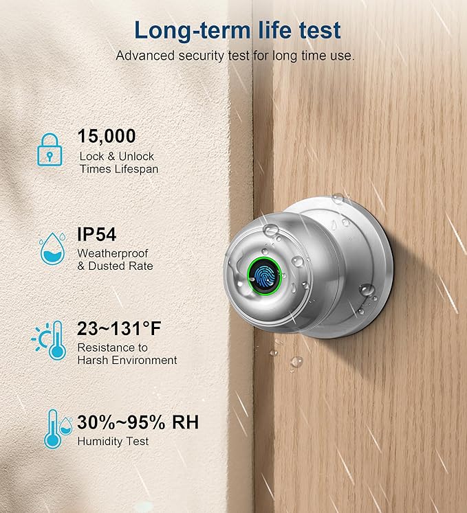 Fingerprint Door Lock, Smart Fingerprint Door Knob with Lock, Biometric Door knob with App Control & Key, Keyless Thumbprint Entry Door Lock for Bedroom, Front Door, Home, Apartment -Satin Nickel
