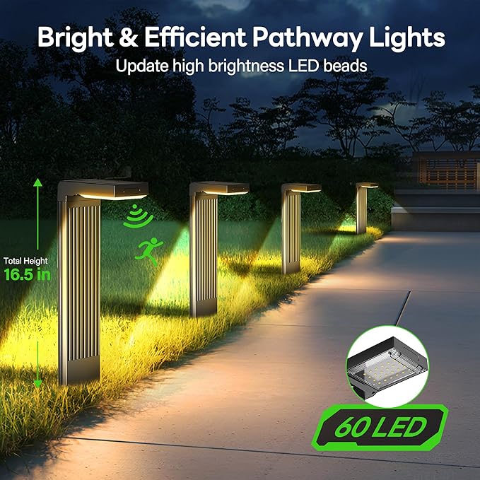 Solar Pathway Lights Outdoor 4Pack, 2 Color in 1 Motion Sensor Walkway Lights 400LM with Warm/Cool White, 12H Lasting, IP65 Waterproof Solar Powered Landscape Lighting for Garden, Yard