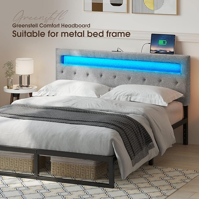 GREENSTELL Headboard for Full Size Bed with 60,000 DIY Color of LED Light, USB & Type C Post, Attach Frame, Height Adjustable, Gray Wall Mounted Head Boards Only, Sturdy & Stable, Comfortable, Full